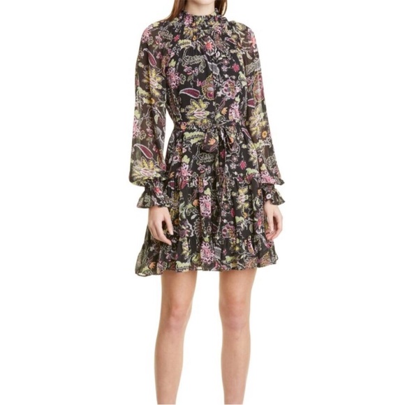 CINQ A SEPT | Black Floral Ruffle Smocked Dress, Size 4, - Picture 1 of 15